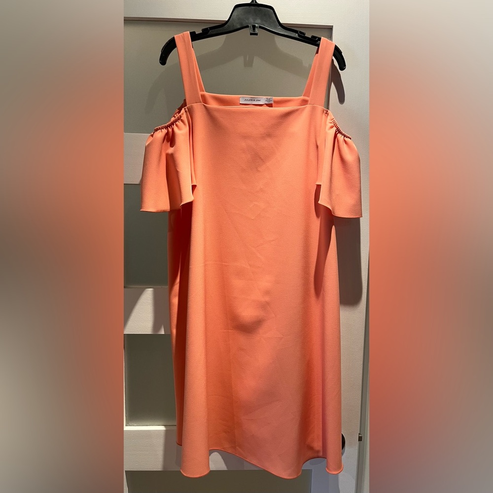 Elegant Coral Maternity Dress with Ruffle Sleeves, size L